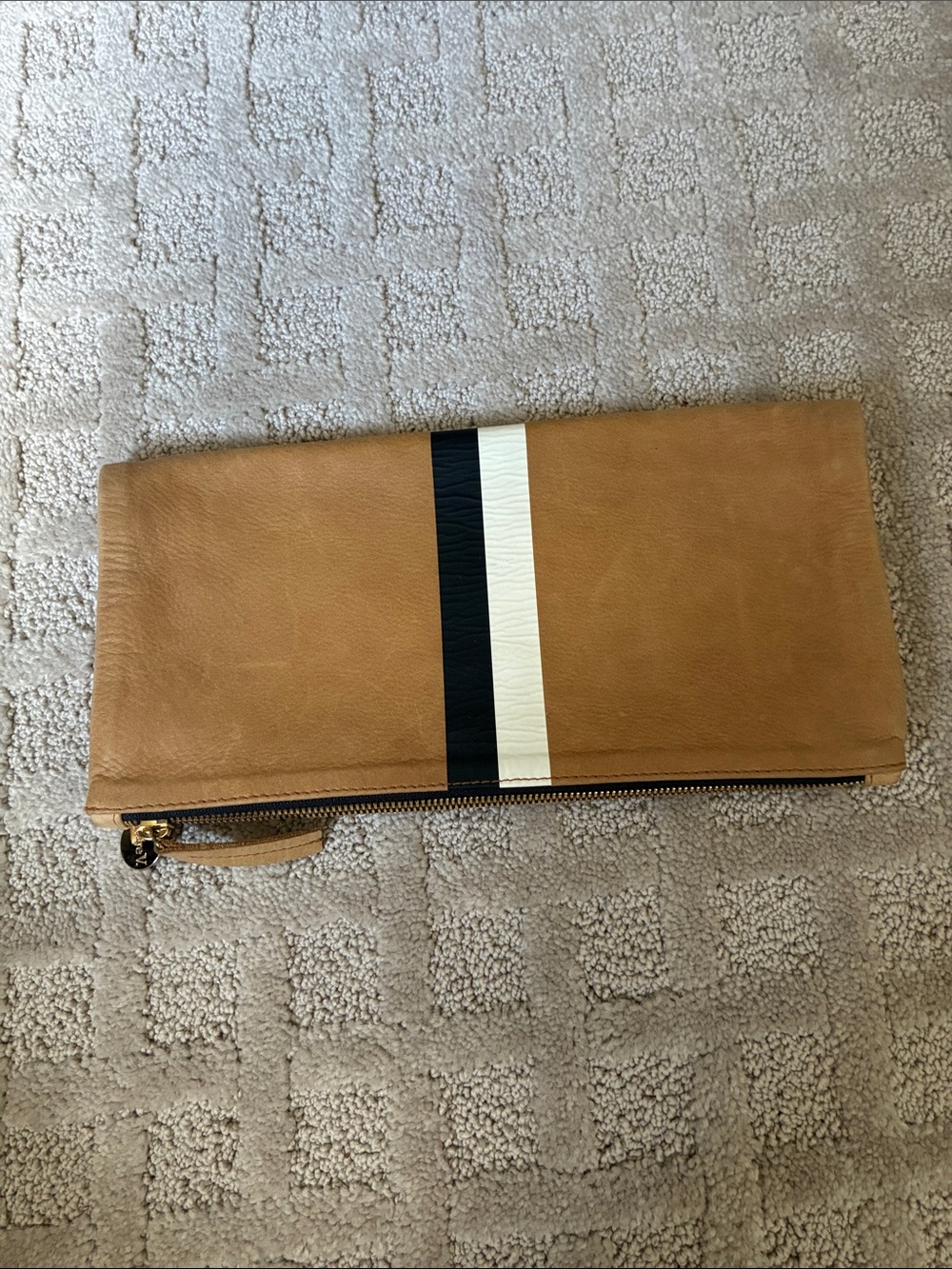 Clare V Tan Leather Clutch with Black and Cream Stripe